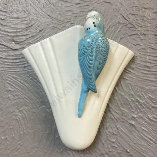 Art Deco SylvaC Blue Budgerigar Wall Pocket Vase c1930s. Impressed Sylvac 1956. 19 x 21cm